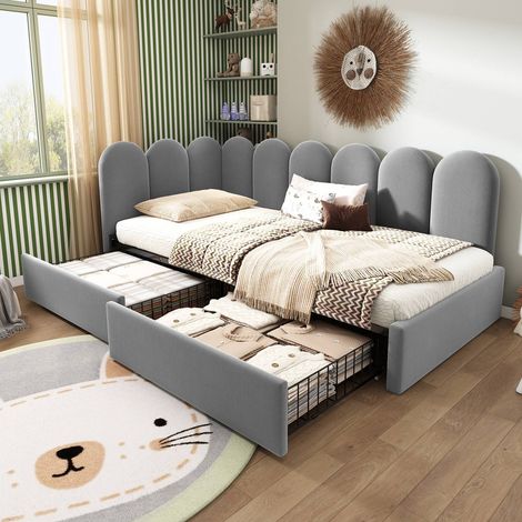 Lit simple 90x190 cm velours gris avec tiroirs de rangement et sommier inclus (1/5)