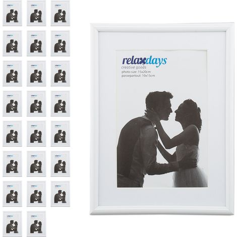 Relaxdays Picture Frame, Set of 24, 15x20 cm, Wood Look, Portrait & Landscape Format, Passepartout, Plastic, White