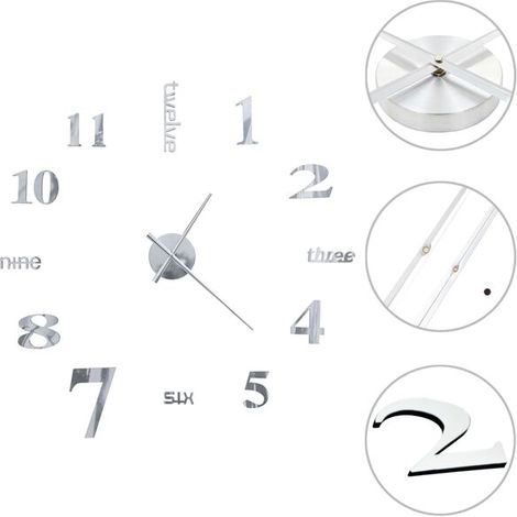 Horloge murale 3D, design moderne, très grande (100 cm), argentée. (1/5)