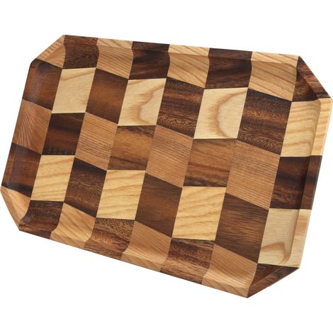 Plateau à fruits en bois, plateau à thé et à dessert en bois, motif quadrillé, plat de service rectangulaire 34 x 22 cm (1/5)