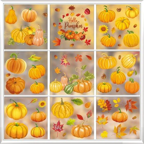 Autocollants Fenêtre - Feuilles D'Automne Et Citrouille - Décoration Vitre Thanksgiving - 9 Pièces (1/5)