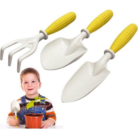 Ensemble de 3 outils de jardinage : mini pelle et râteau, poignée en forme d'épi de maïs, pour jardin, terrasse et sable (1/5)