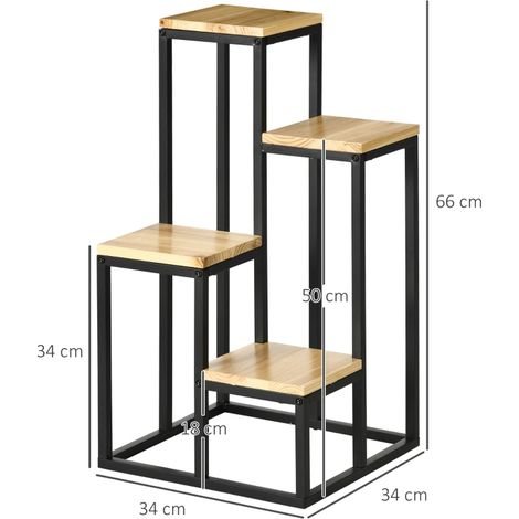 Support à plantes de style industriel avec 4 étagères, échelle à fleurs, 34 cm x 34 cm x 66 cm, naturel et noir