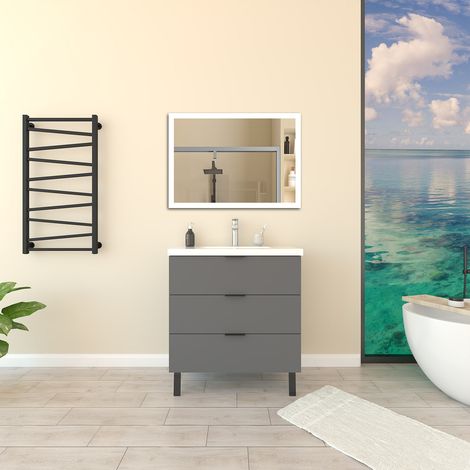 Biubiubath Ensemble meuble de Salle de Bain 80cm avec 2 Pieds, et vasque en céramique, 3 tiroirs, Anthracite, Style Moderne