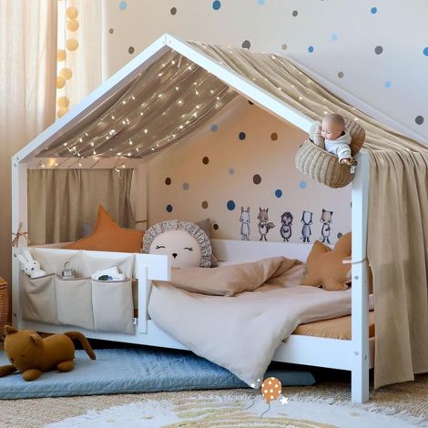 Ciel de Lit pour Maison, Décoration Ciel de Lit pour Chambre d'enfant, 100% Coton Muslin Biologique 135 x 360 cm, Ciel de Lit pour Montessori Lit d'enfant, Beige Gris (1/5)