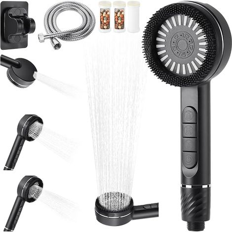 High Pressure Shower Head Massage Shower Head Anti-Limescale Filter Replaceable Cartridge Water Saving 4 Types with Shower Hose 1.4 m and Shower Holder Water Stop Button (1/5)