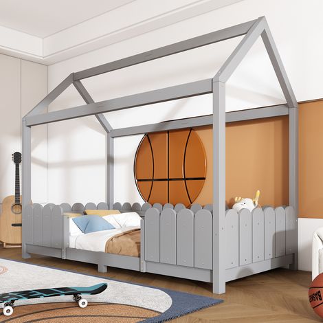 Cama cabina 90x200 cm con protección anti-caída y somier madera gris apto para niños y adolescentes(Sin Colchón) (1/5)