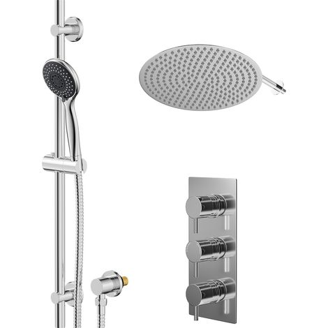 Wholesale Domestic Circo Polished Chrome Concealed Triple Thermostatic Shower Valve and 400mm Thin Round Fixed Head with Wall Arm and Clyde Slide Rail Kit with Round Elbow - 2 Outlet (1/5)