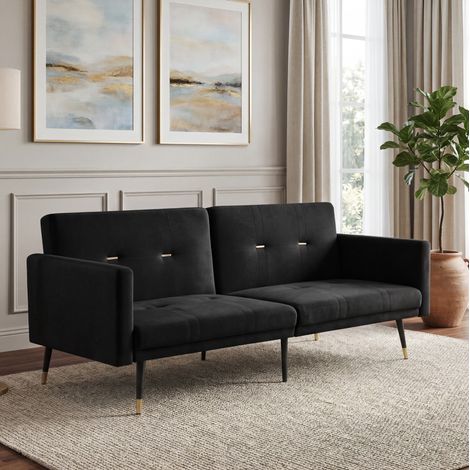 Divano letto 2 posti 178x94.5x85 cm nero in velluto con schienali reclinabili e struttura stabile (1/5)