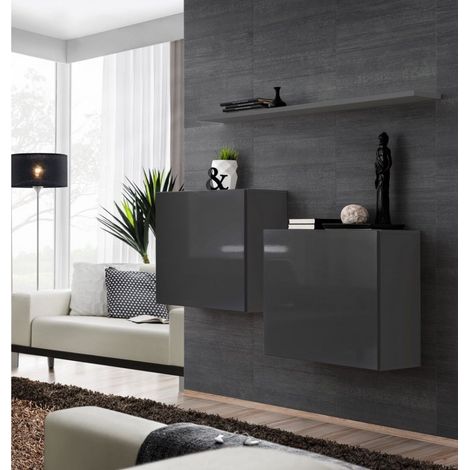 Commode - Switch SB I - 2 vitrines carrées - 1 étagère - Graphite - Livraison gratuite