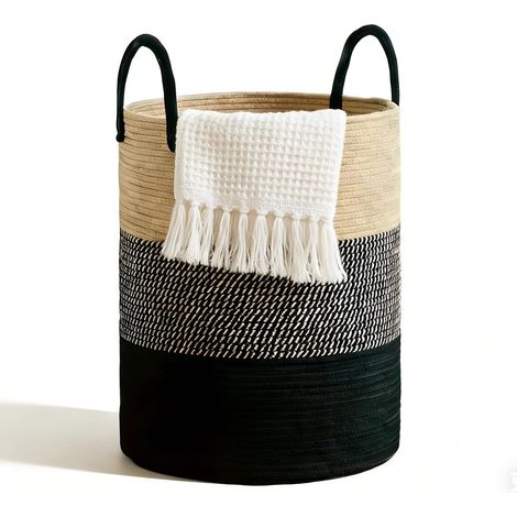 Panier à linge avec anse, panier de rangement, panier tressé, 38 x 50 cm, rond, avec anse en coton, pour couvertures et jouets, pour salon ou buanderie, tricolore (1/5)