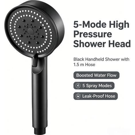 Pommeau de douche haute pression 5 modes, Noir, avec tuyau de douche renforcé 1,5 m, Compatible salle de bain, chauffe-eau, ensemble douchette portable (1/3)