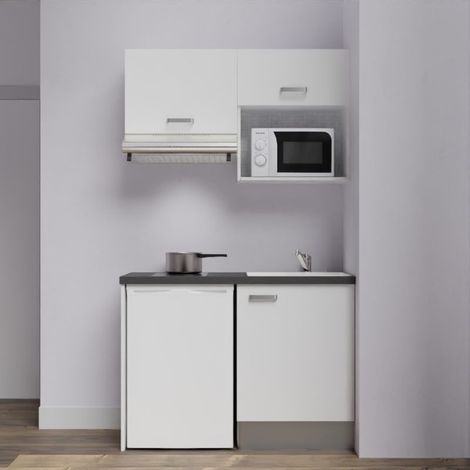 Kitchenette K02L-PT - 120 cm avec plan de travail et évier - emplacements frigo, hotte et micro-ondes - Façade Blanc - Plan Noir texturé - Evier Inox - Crédences Non