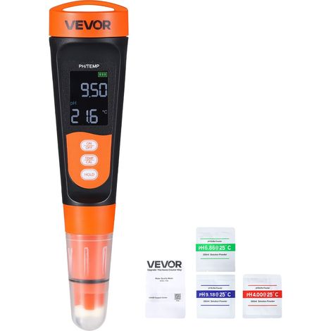 Medidor de pH, rango de pH 0-14, sonda impermeable IP68, autocalibración de 3 puntos, kit de prueba portátil con sobres de polvo de calibración, sonda de temperatura (1/2)