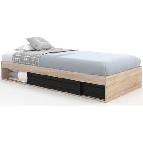 Idmarket – Cadre de lit simple 90 x 190 cm avec rangement – Structure en panneaux de particules – Sommier 10 lattes – Design hêtre et noir