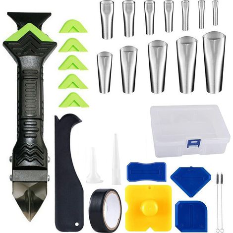 Kit Outils de Calfeutrage 14 en 1, Grattoir à Mastic et Lisseur de Joints Silicone, Raclettes et Brosses pour Salle de Bain et Cuisine, Kit Multifonction avec Ruban Adhésif et Boîte de Rangement-lsw