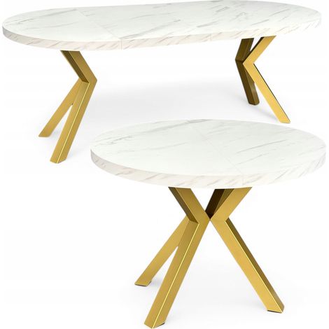 Marmor Esstisch Rund Ausziehbar Ø100/200 cm Weiß mit Goldenen X-Metallbeinen (1/5)