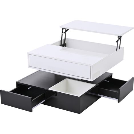Mesa de centro elevable 70 x 70 x 40 cm con 3 cajones y tablero giratorio 360° blanco y negro (1/5)