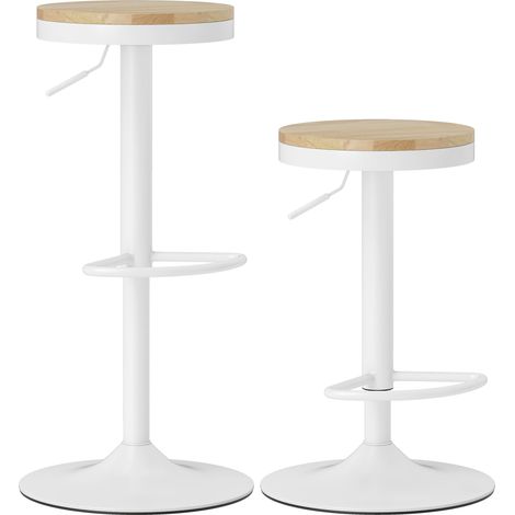 Barhocker 2er Set, Höhenverstellbar 360° Drehbar Barstuhl mit Stahlgestell Fußstütze 38,5x38,5x60-80 cm Naturholz+Weiß