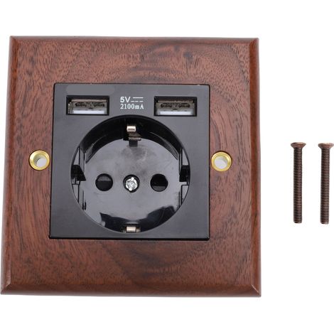 Prise murale panneau noyer noir 16A – Sortie électrique avec double port USB intérieur, design (1/5)