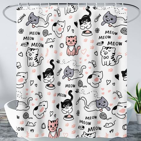 Rideau de douche Chat, Rideau de salle de bain Chat mignon, Motif pattes de chat, Idéal pour les amoureux des chats, Polyester, avec crochets (1/5)
