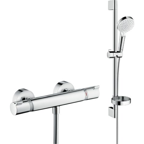 Pack mitigeur douche thermostatique HANSGROHE Ecostat Comfort chromé + Ensemble de douche Crometta 2 jets blanc/chromé