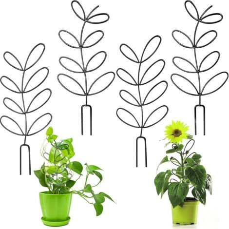 4 petits supports métalliques pour plantes en pot, pour plantes grimpantes, supports en forme de feuille (noirs) (1/5)