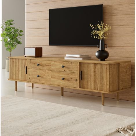 Meuble TV bas 165 cm en MDF avec 4 tiroirs et 2 portes coulissantes, grand rangement, coloris bois (1/5)