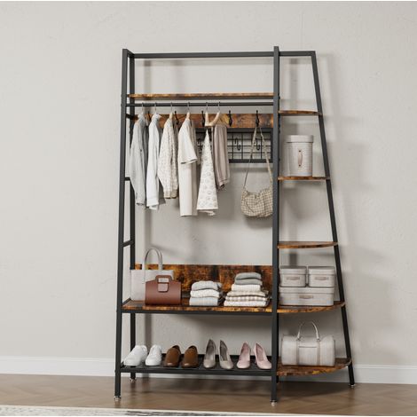 Perchero de pie con estantes, organizador multifuncional, metal y madera, negro y marrón (1/5)