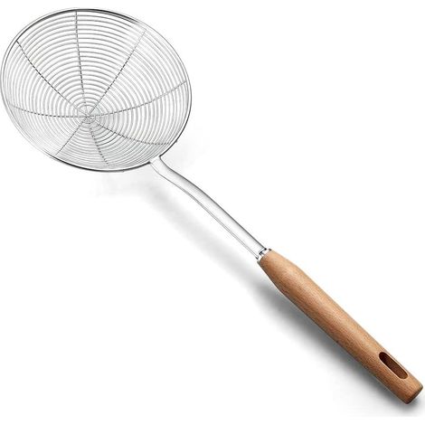 Égouttoir araignée 14cm en inox avec manche en bois, passoire à pâtes, cuillère perforée pour friture et cuisine (1/5)