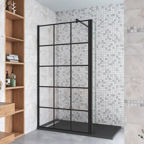 Schwarz Walkin Duschkabine 100x200cm Gittermuster Duschwand mit 30x200cm Flipper Panel +90cm Stabilisator 8mm Nano-ESG Duschtrennwand (1/4)