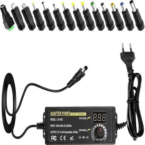 Adaptateur d'alimentation réglable, 3 V-24 V, 5 A 120 W, AC/DC 100 V-240 V avec indicateur de tension LED et 14 prises DC, pour routeur, projecteur, imprimante (1/5)