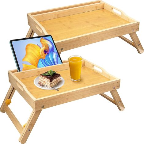Lot de 2 Plateaux de Lit en Bambou avec Pieds Pliables, Plateau Petit-Déjeuner avec Support Téléphone et Tablette, Plateau Multifonction pour Repas, Travail, Canapé et Ordinateur Portable (1/5)