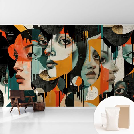 Papier peint intissé avec imprimé installation simple qualité excellente sans désordre - Colle incluse gratuite Visages colorés 416x254 cm (1/5)