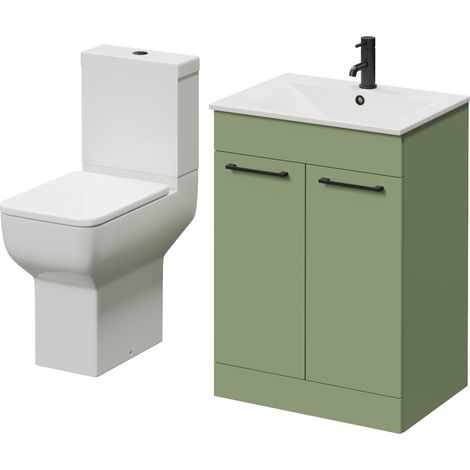 Napoli 460 Olive Green 600mm 2 Door Vanity Unit and Tacoma Comfort Height Toilet Suite with Angel Basin - 600mm - Matt Black 160mm Handle