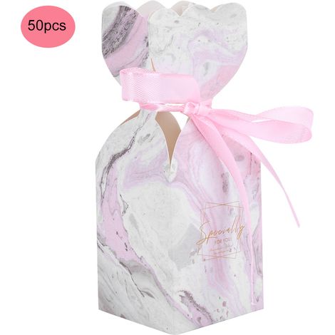 50 boîtes à dragées pour mariage, cadeaux d'invités et anniversaires, avec ruban, couleur marbre rose. (1/5)