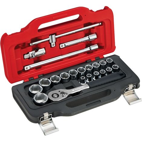 Llave de carraca, vasos y accesorios de ½ pulg, juego 22 piezas