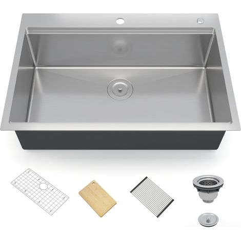 Évier de cuisine multifonction - Inox 304 brossé - Simple cuve profonde 10" avec rebord - Installation topmount encastrable - Accessoires : planche à découper en bambou, panier égouttoir, grille de fo (1/5)