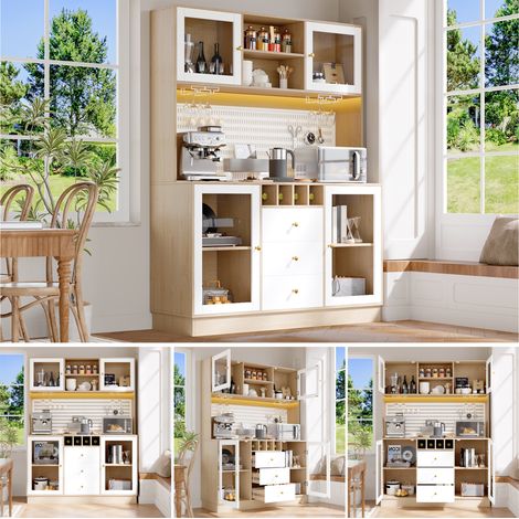 Armoire haute moderne blanche avec LED, casier à vin, étagères réglables, meuble cuisine salon design contemporain (1/5)