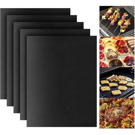 Lot de 5 tapis de gril réutilisables, tapis de gril antiadhésifs, accessoires de gril à gaz, à charbon de bois et électrique (50 x 40 cm), noir (1/4)
