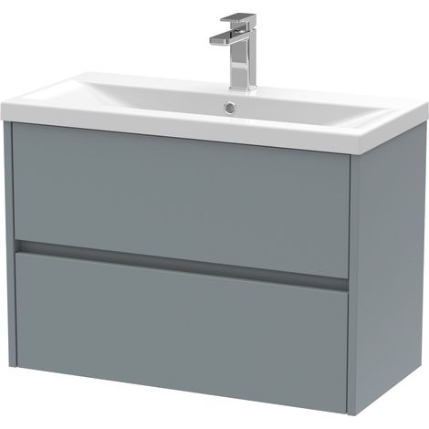 Square Wall Hung 2 Drawer Vanity Unit & Ceramic Basin, 800mm - Matt Coastal Grey