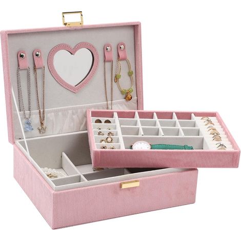 Joyero para niñas, joyero para mujeres, joyero de terciopelo de 2 niveles para niñas pequeñas y niños, caja de regalo de joyería para Navidad, cumpleaños, Año Nuevo (rosa) (1/5)