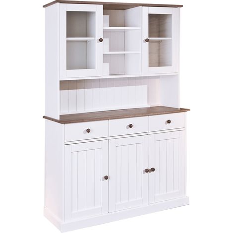 Altobuy – Buffet vaisselier 5 portes 3 tiroirs en pin massif vernis blanc et sépia – Style campagnard – Dimensions 131 x 45 x H191 cm (1/7)