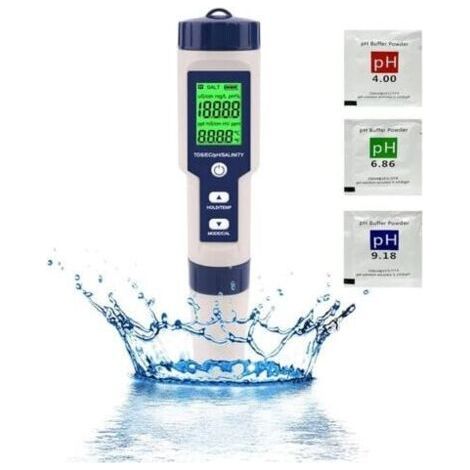 Ph-mètre Testeur PH Electronique, Testeur Eau Piscine 5 en 1 avec Rétro-éclairage, PH/TDS/EC/Salinité/TempmèTre avec ATC, PH Metre Haute Précision de Résolution 0.01, pour Eau Potable, Aquarium