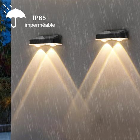 Hqynss Lampe Solaire Extérieur (Lot de 4) - Applique Murale Solaire - Étanche IP65 - Technologie à Lentille - 3 Couleurs (Lumière Chaude/Blanc Chaud/Lumière Blanche), pour Clôture, Escalier, etc. (1/4)