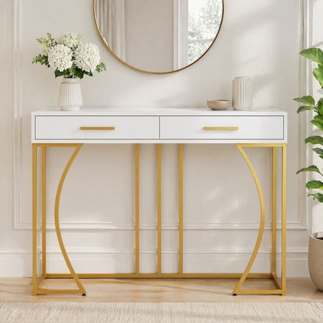 Consola de entrada 110 x 32 x 85 cm con 2 cajones, MDF blanco y metal HAVRYA (1/5)