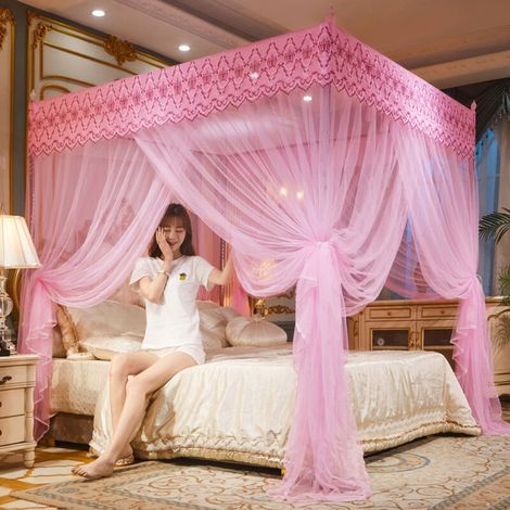 Moustiquaire carrée pour lit simple ou double, protection 3 portes, dense et stable, avec support en acier inoxydable, rose, 1,8 x 2 m (1/5)