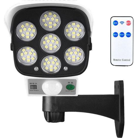 (77 LED) Lampe solaire extérieure avec caméra haute simulation, 2000 lumens, 77 LED, détecteur de mouvement, 3 modes d'éclairage, compatible avec les portes de garage. (1/5)