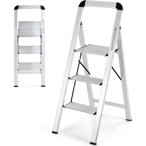 GOPLUS Escabeau Pliable à 3 Marches avec Cadre en Aluminium Robuste et Léger, Échelle Pliante Domestique avec Marches et Pieds Antidérapants, Charge Max 150 KG, (62 x 44 x 109 cm) (1/5)