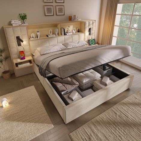 Lit coffre 160x200 cm - Lit double - Avec tête de lit, LED, USB et Type C - Avec 2 chevets - En lin - Beige (1/5)